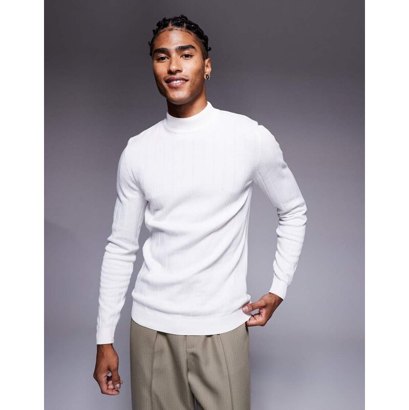 ASOS DESIGN muscle fit long sleeve knitted rib turtle neck t-shirt in white-Neutral
