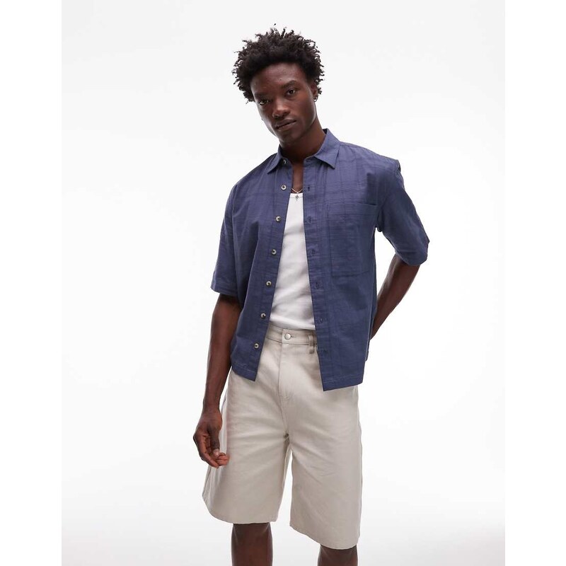 Topman short sleeve boxy textured shirt in mid blue