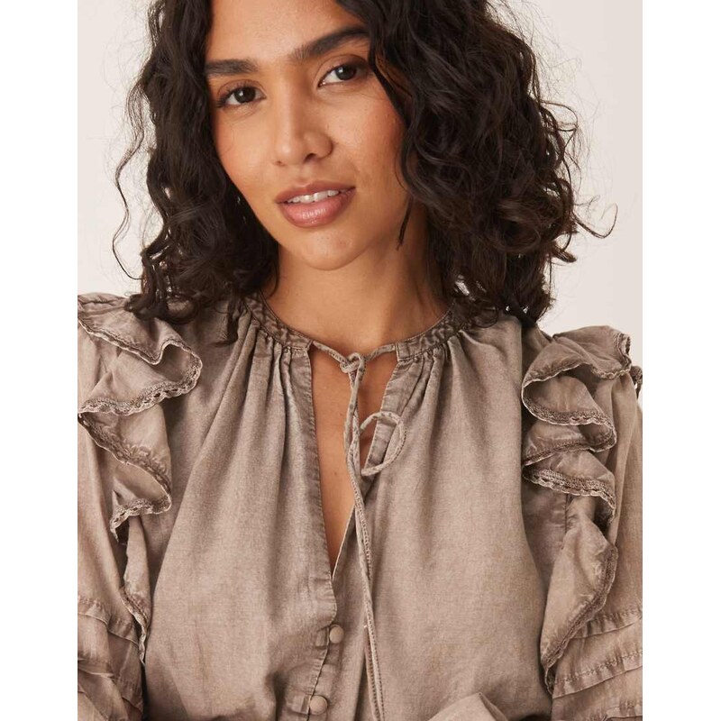 ASOS DESIGN voile mini dress with shirred waist and ruffle hem in washed grey