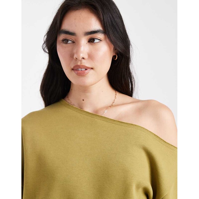 ASOS DESIGN off shoulder brushback sweatshirt in green