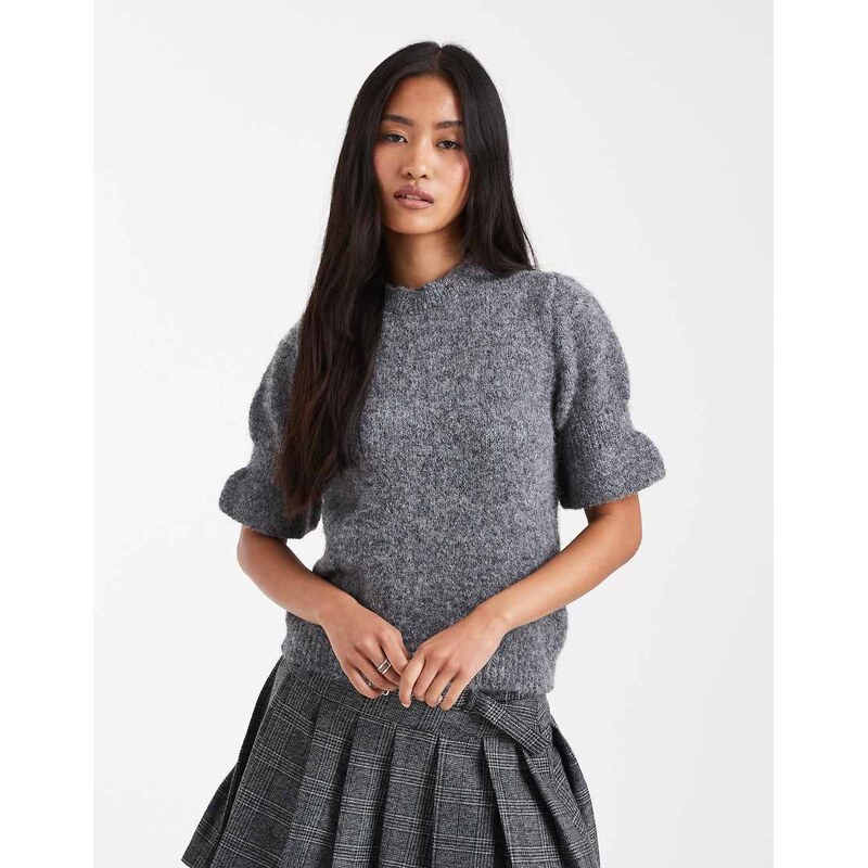 ASOS DESIGN knitted frill cuff short sleeve top in charcoal-Grey 107889277