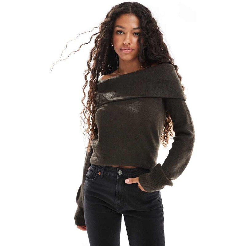 Threadbare off shoulder jumper in chocolate brown