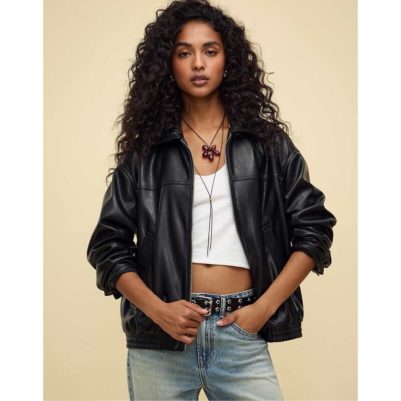 Stradivarius Oversize faux leather jacket in black