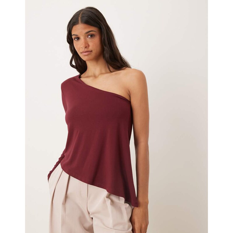 ASOS DESIGN one shoulder asymmetric long sleeve top with shoulder pads in burgundy-Red