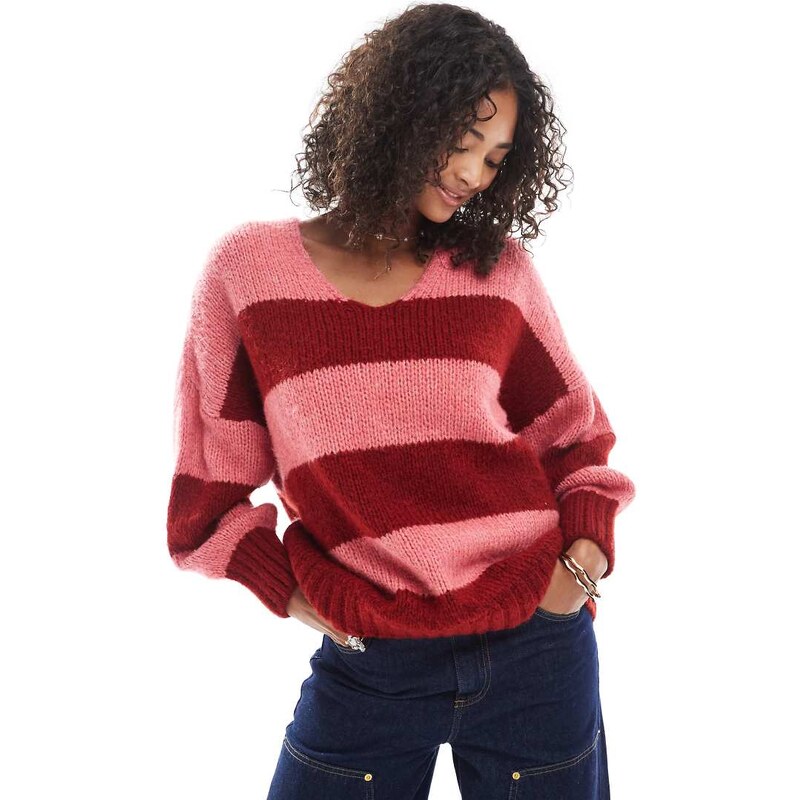 ASOS DESIGN bold stripe v neck jumper in pink and red stripe-Green 108012366