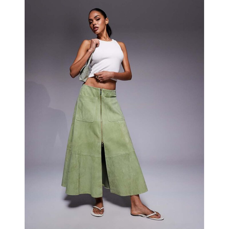 ASOS DESIGN real suede zip front midi skirt in green