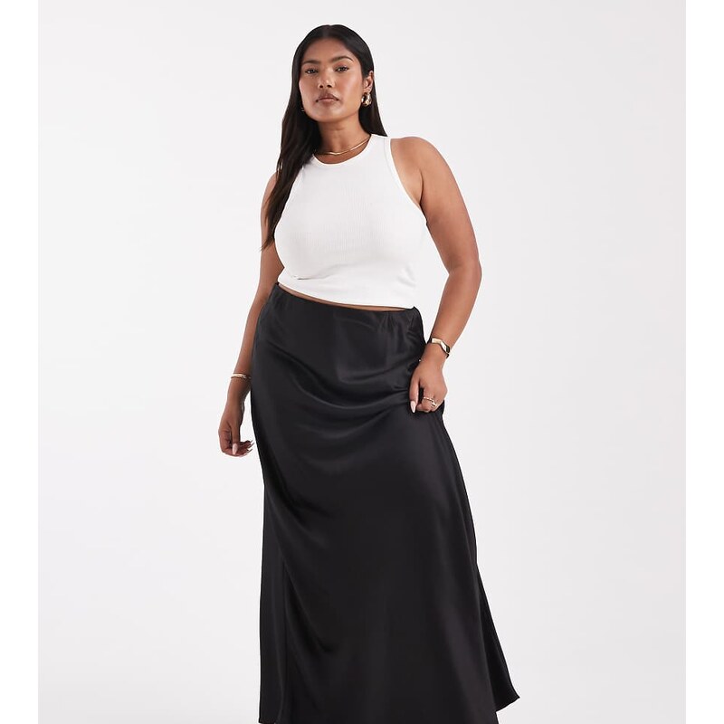 Vero Moda Curve satin bias midi skirt in black