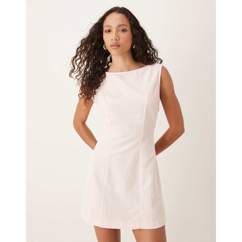ASOS DESIGN linen blend slash neck mini dress in pink