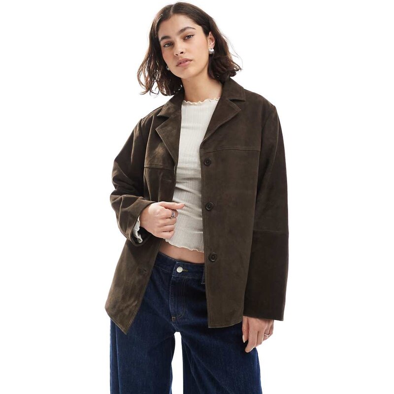 ASOS DESIGN real suede 70s jacket in dark mocha-Brown