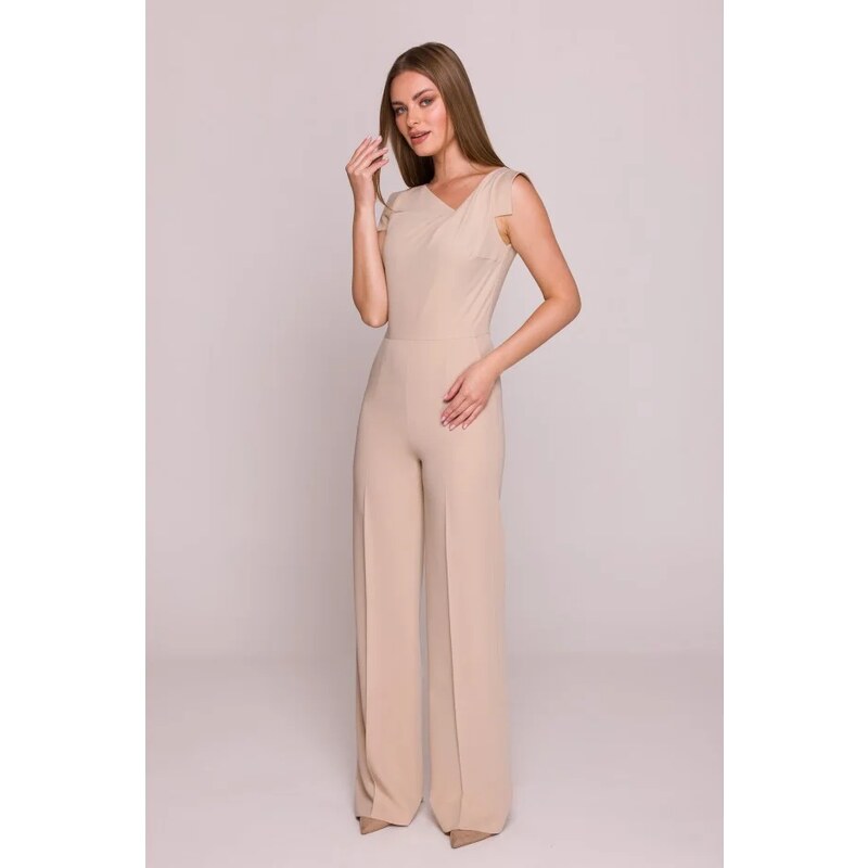 STYLOVE S407 Elegantní overal s asymetrickým výstřihem - béžový