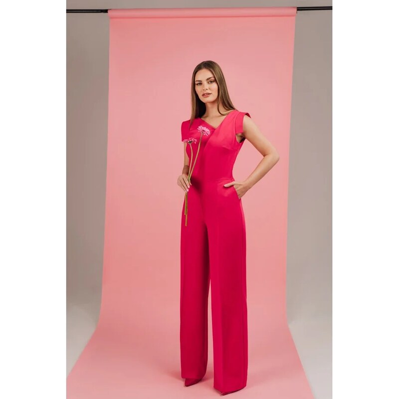 STYLOVE S407 Elegantní overal s asymetrickým výstřihem - růžový