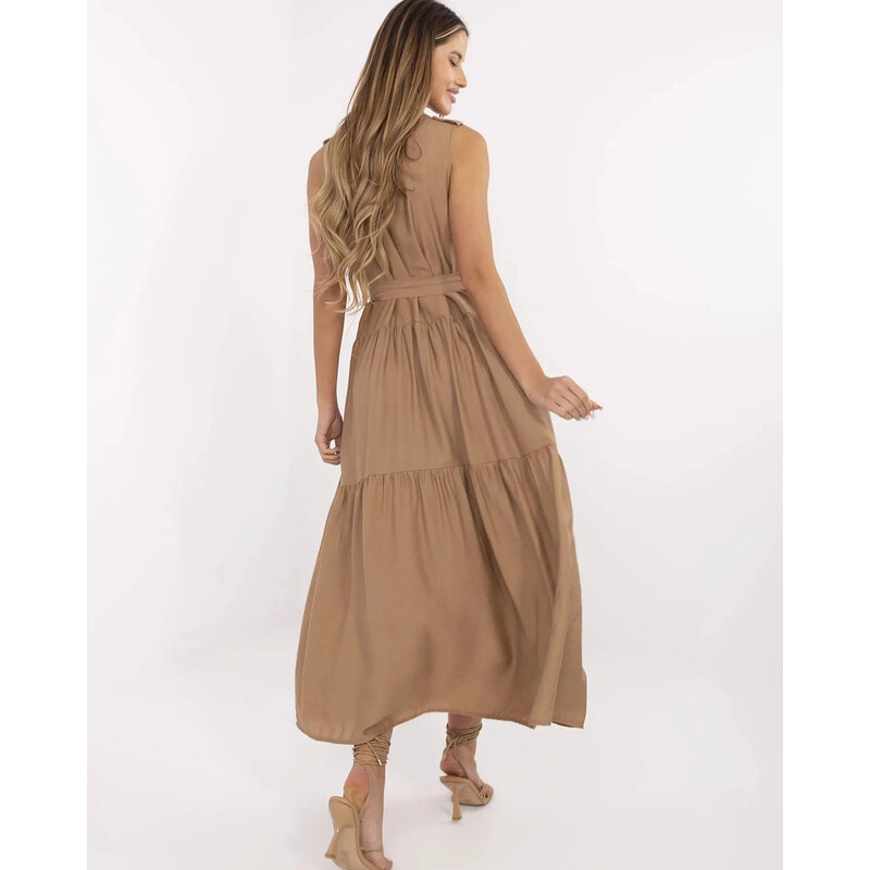 Tmavě béžové elegantní dámské maxi šaty model 21214410 - Factory