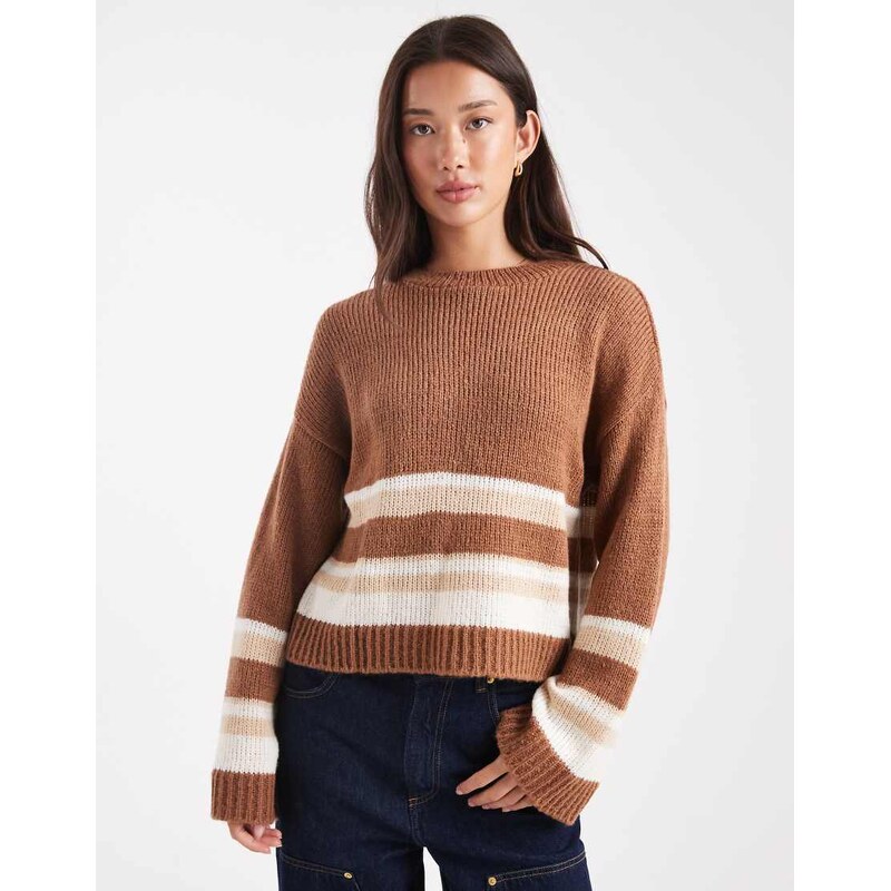 ASOS DESIGN relaxed knit jumper in beige stripe-Neutral 107889317