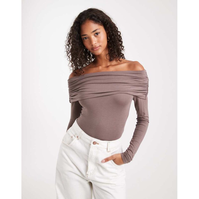 Miss Selfridge asym bardot bodysuit in mushroom-Brown 107889151