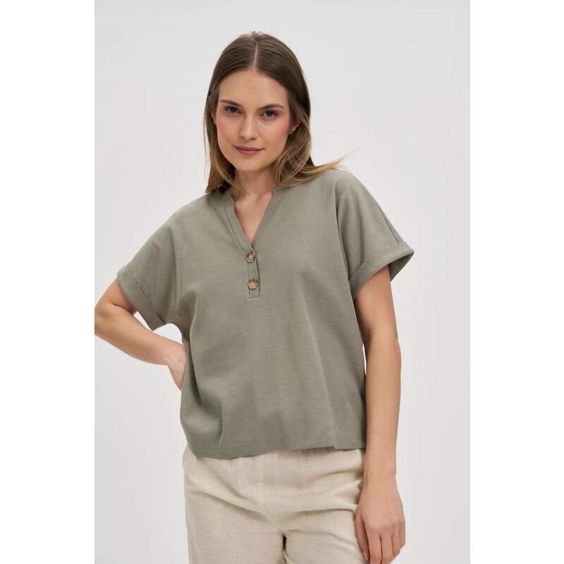 Marisse Olive Blouse With Buttons On The Neckline
