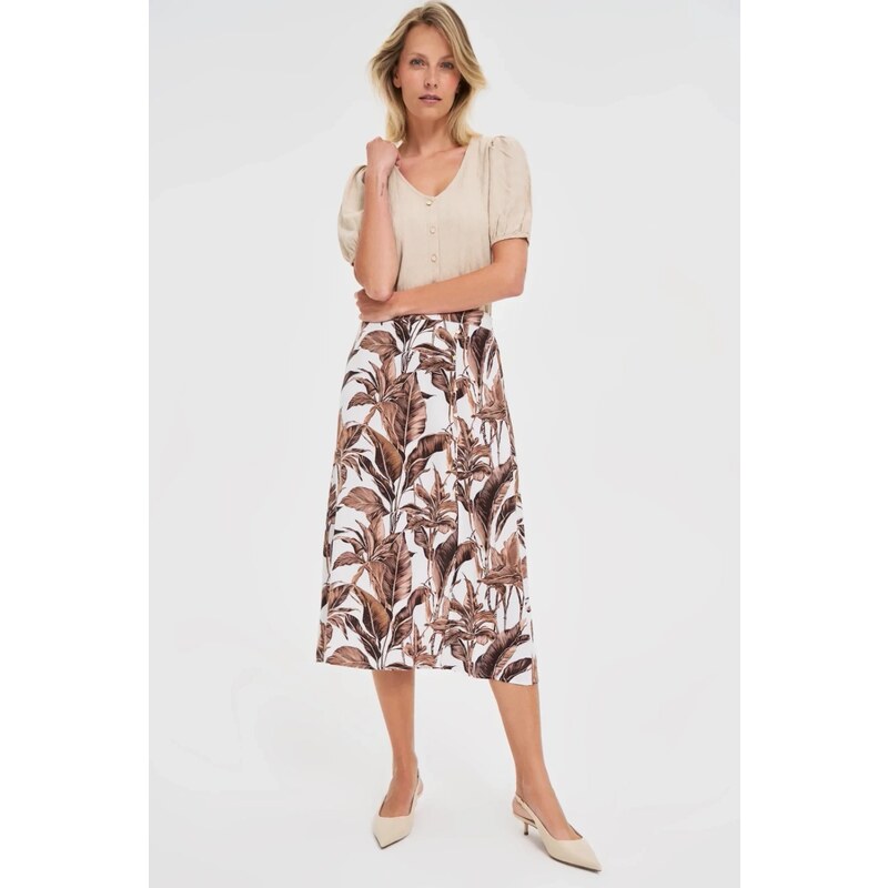 Marisse Brown Plant Print Midi Skirt