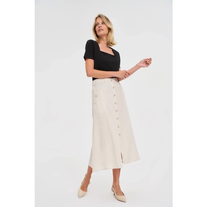 Marisse Beige Linen Midi Skirt