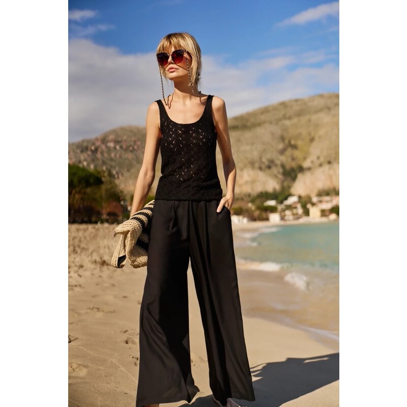 Marisse Viscose Wide-Leg Trousers, Black 107895947