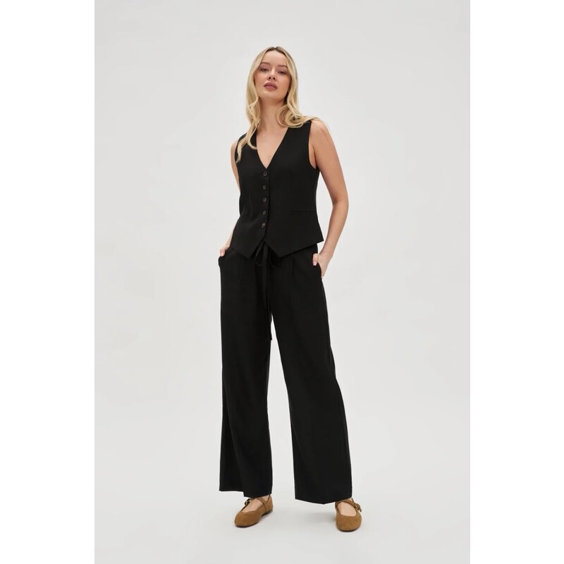 Marisse Black Linen Wide-Leg Trousers