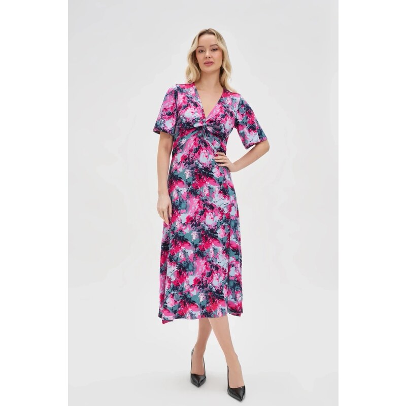 Marisse Patterned Fuchsia Dress With A Neckline