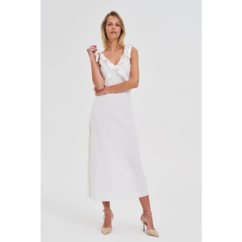 Marisse White Midi Dress With Ruffles On The Neckline