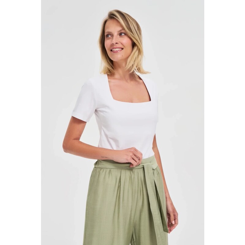 Marisse White Diamond Neckline Blouse