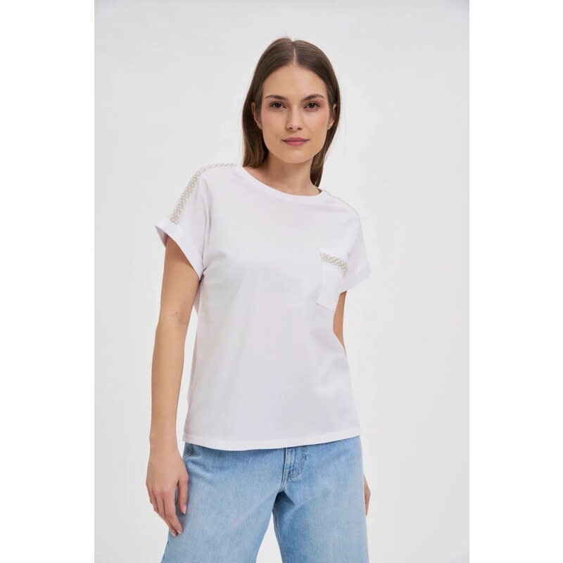 Marisse Cotton T-Shirt Decorated With Beads, White