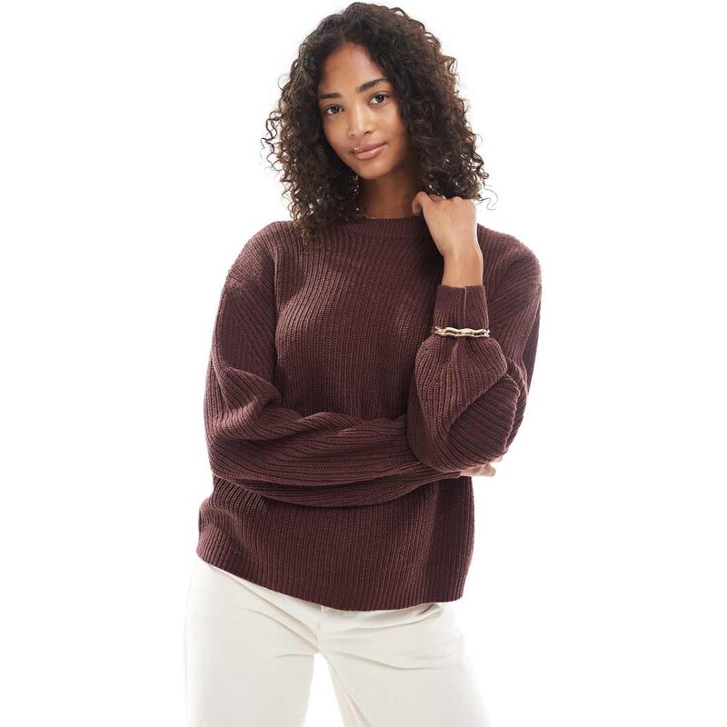 ONLY round neck rib knitted jumper in chocolate brown