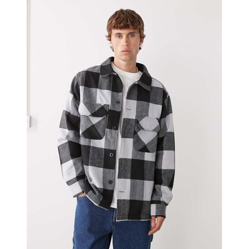 New Era overshirt jacket in black and grey check-Multi