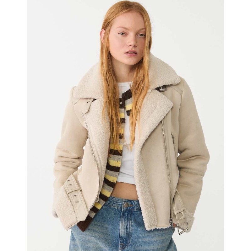 Stradivarius faux suede biker jacket in ecru-White