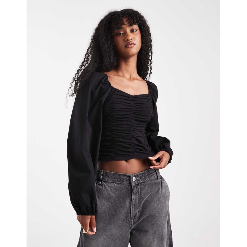 Pieces ruched long sleeve blouse in black 115735065