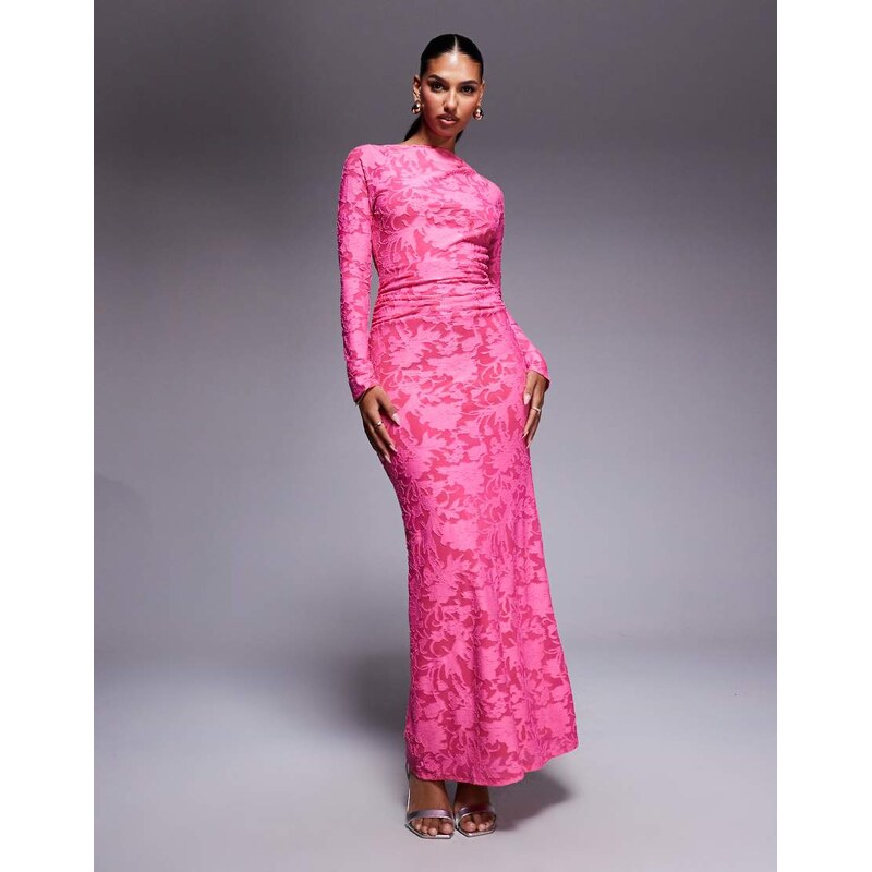 ASOS DESIGN devore long sleeve maxi dress with open back in pink