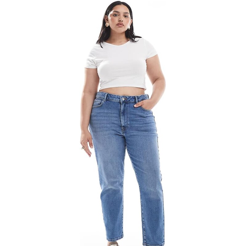ONLY Curve Emily straight leg jeans in mid blue
