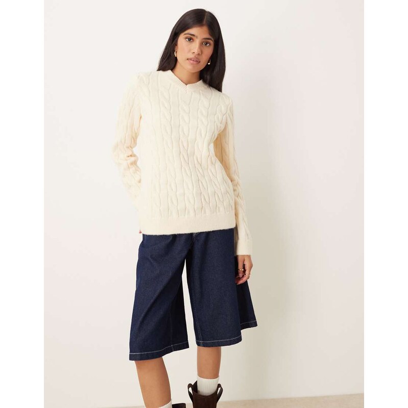 ASOS DESIGN cable knit jumper with high v neck in ecru-White 107897680