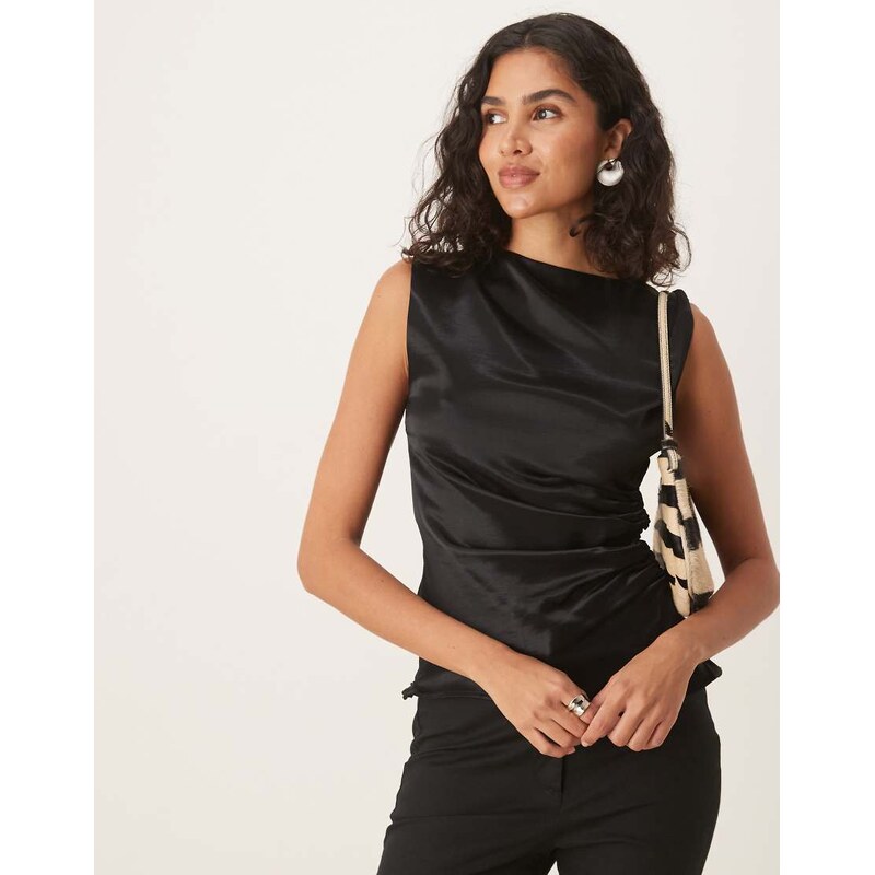 ASOS DESIGN satin twist shoulder cami top in black-Purple