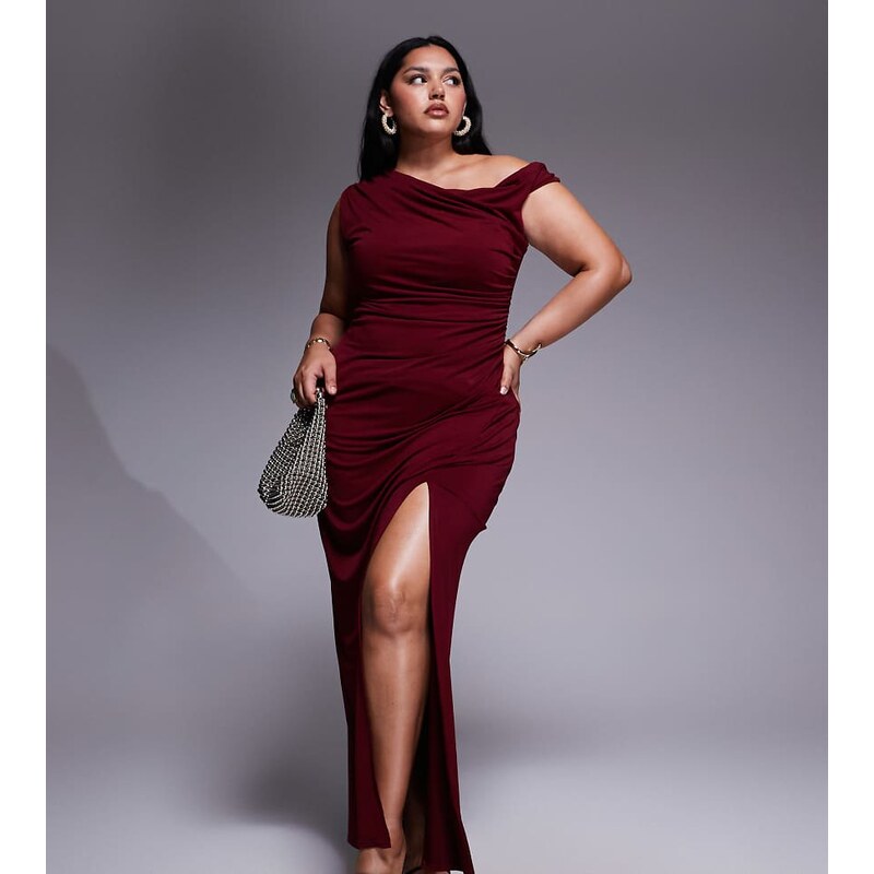 TFNC Plus one shoulder midaxi dress with thigh split in cherry