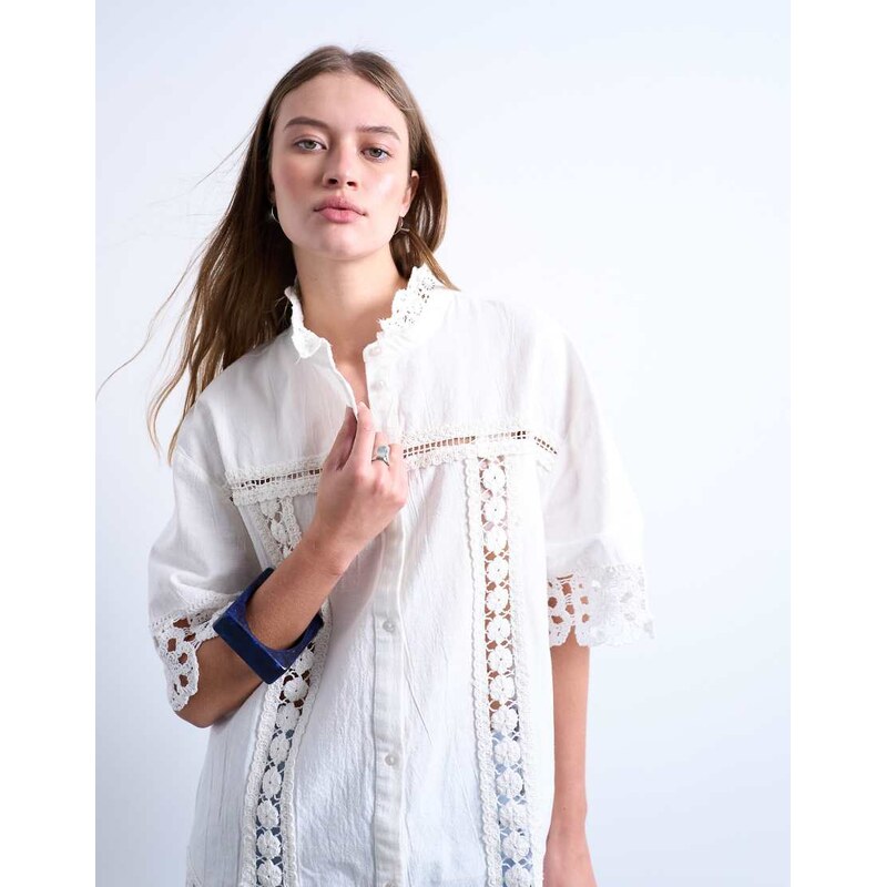 Topshop lace insert resort shirt in ivory-White