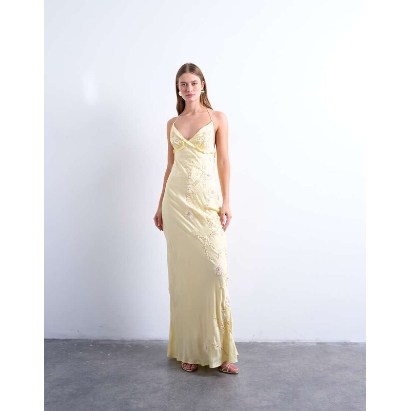 Topshop embellished raffia slip dress with frill in yellow