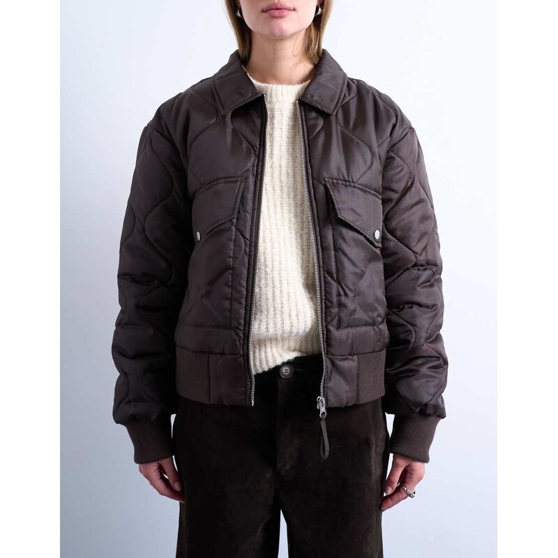 Topshop collared liner cropped bomber jacket in chocolate-Brown 107903473