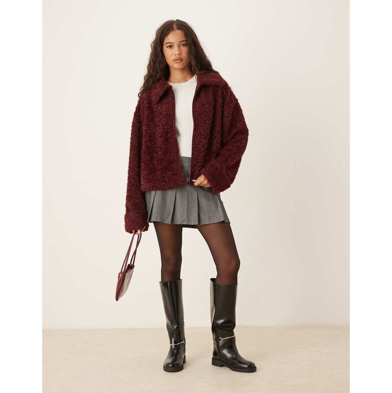 ASOS DESIGN chenille borg fleece with collar in burgundy-Red