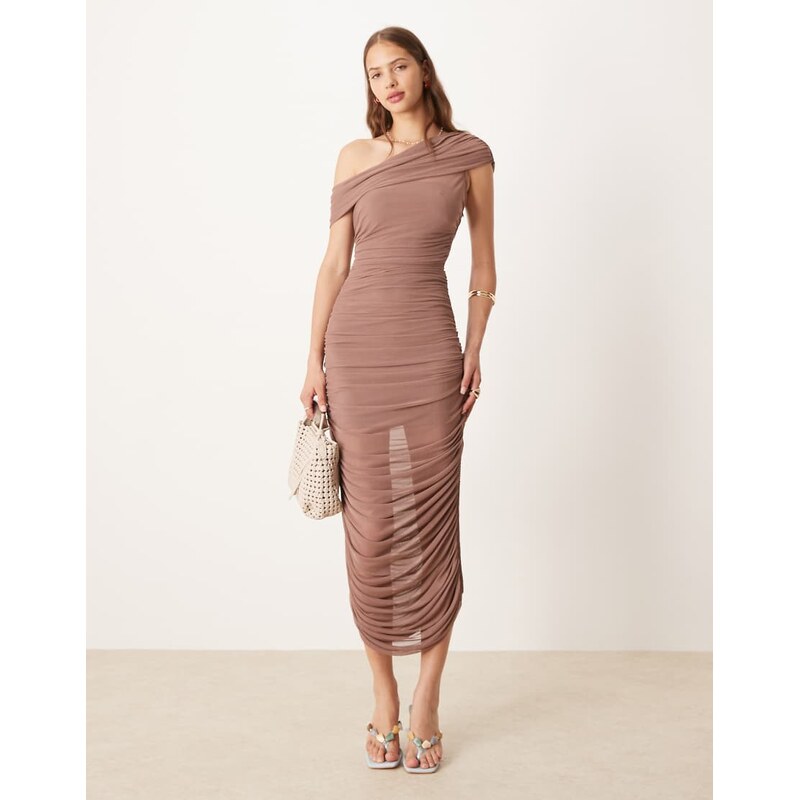 Forever New mesh ruched asymmetrical midaxi dress in mocha-Brown