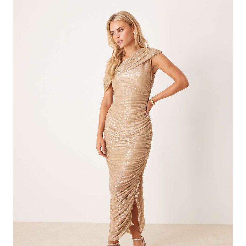 Forever New Petite mesh ruched asymmetrical midaxi dress in gold