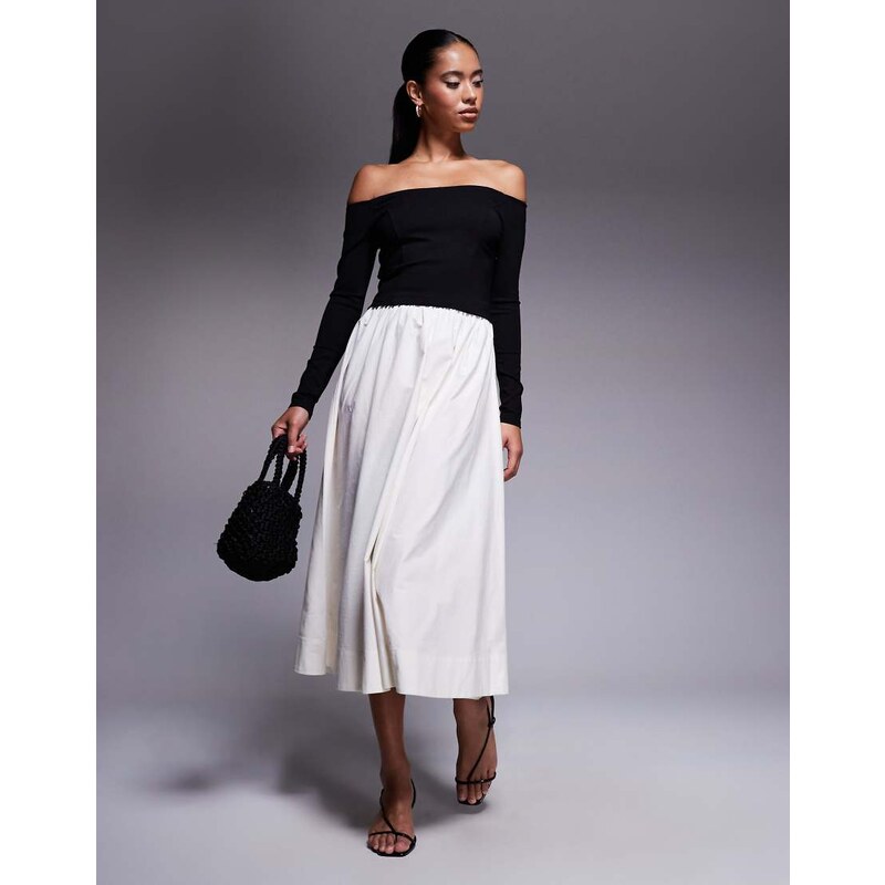 Forever New bardot drop hem midaxi dress in black and cream