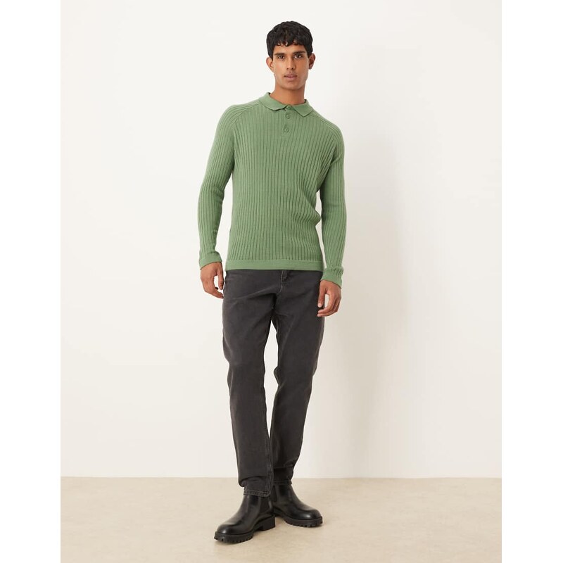 ASOS DESIGN muscle fit knitted long sleeve polo t-shirt in khaki-Green