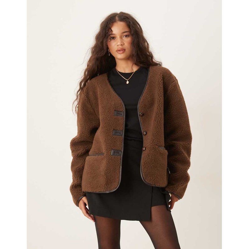 ASOS DESIGN oversized borg fleece cardigan with pu trim in