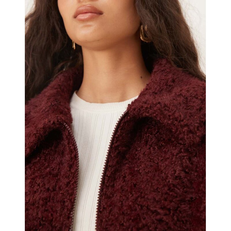 ASOS DESIGN chenille borg fleece with collar in burgundy-Red