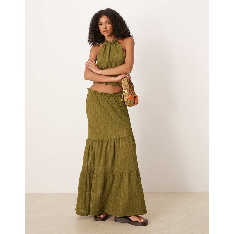 ASOS DESIGN co-ord textured tiered maxi skirt in green