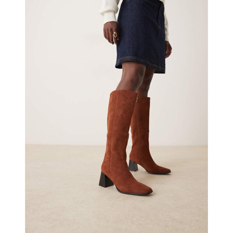 RAID Ishbel block heeled boots in brown micro 113261865