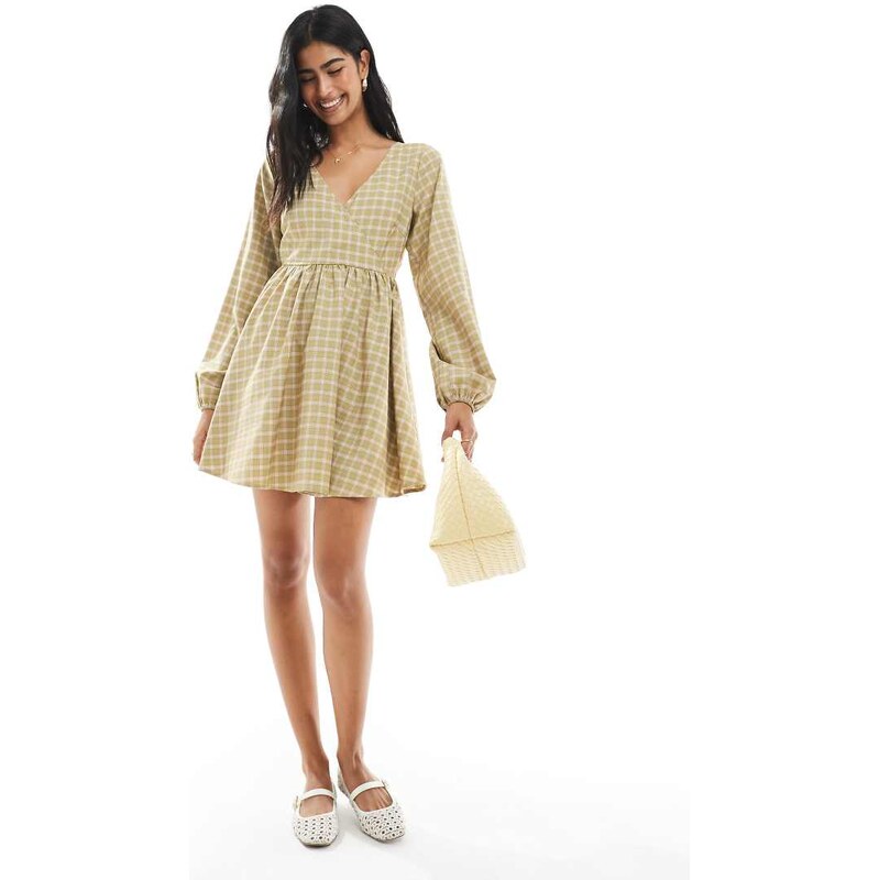 Daisy Street v neck mini dress in green check-Multi