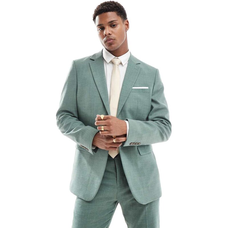 Selected linen mix slim fit suit jacket in green